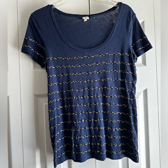 Vintage sequin stripe tee Navy blue and gold sequin stripe cap sleeve top summer - Picture 1 of 1
